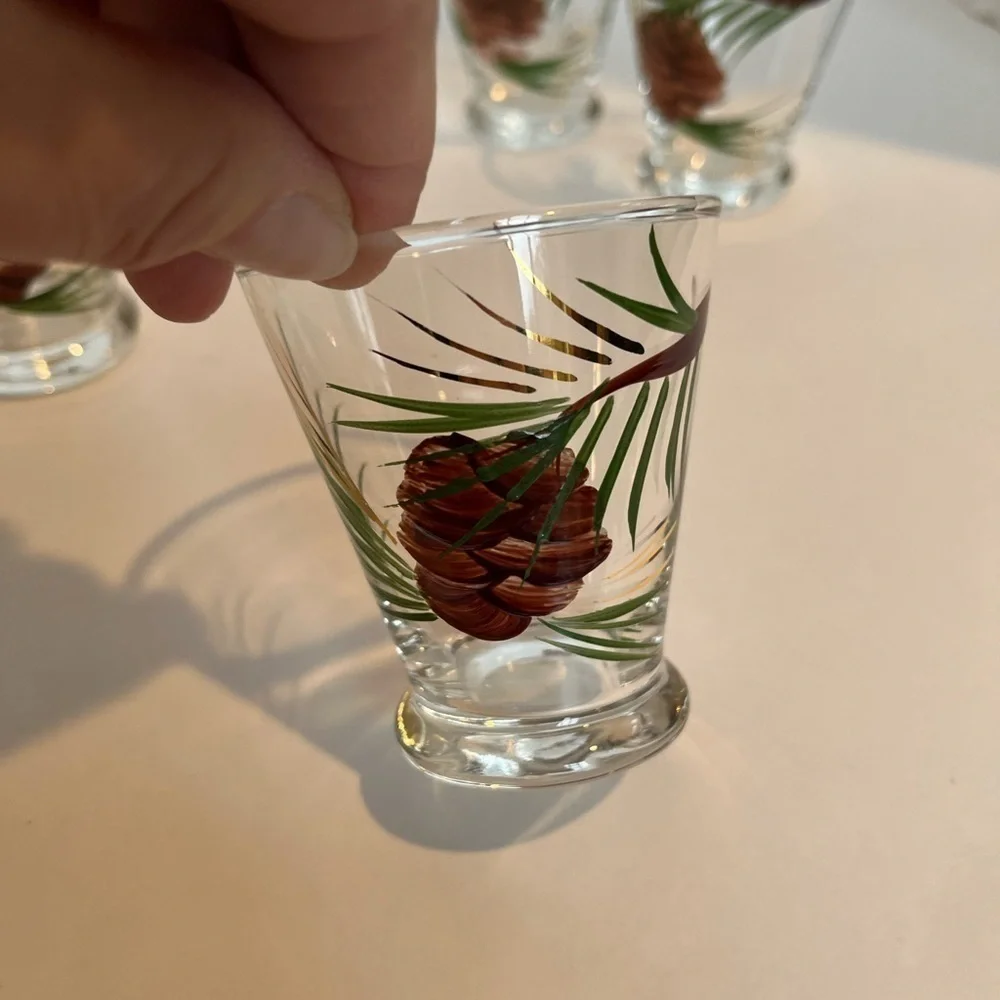 Rare Vintage Cocktail Shaker and Six Glasses Hand-painted Pine and Pinecones